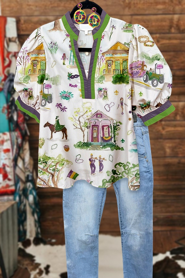 Mardi Gras Scene Puff-Sleeved Blouse