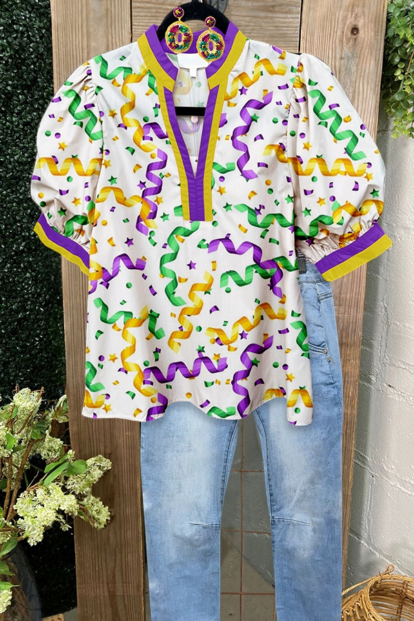 Mardi Gras Happy Celebration Fireworks Puff-Sleeve Blouse