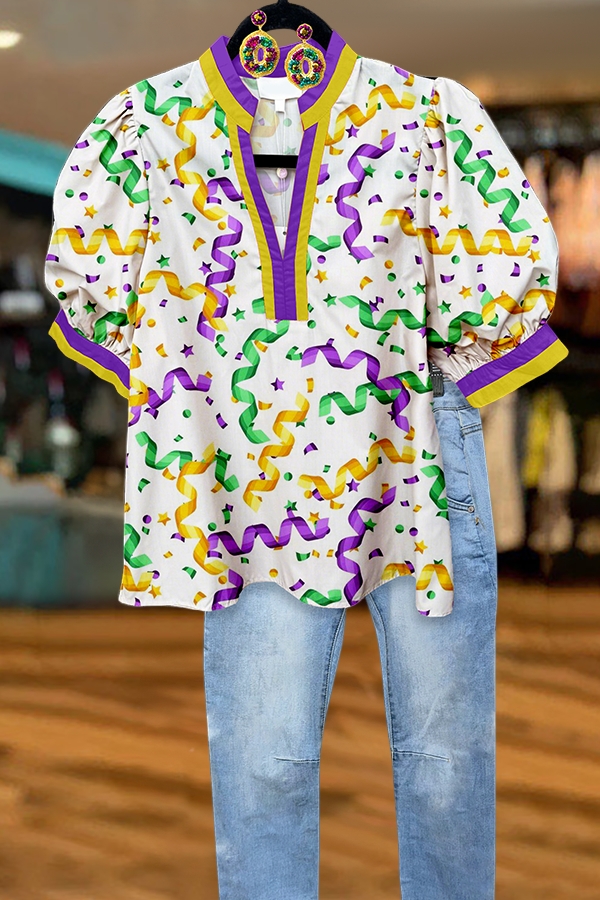 Mardi Gras Happy Celebration Fireworks Puff-Sleeve Blouse