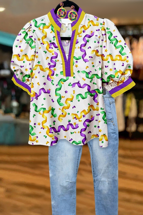 Mardi Gras Happy Celebration Fireworks Puff-Sleeve Blouse