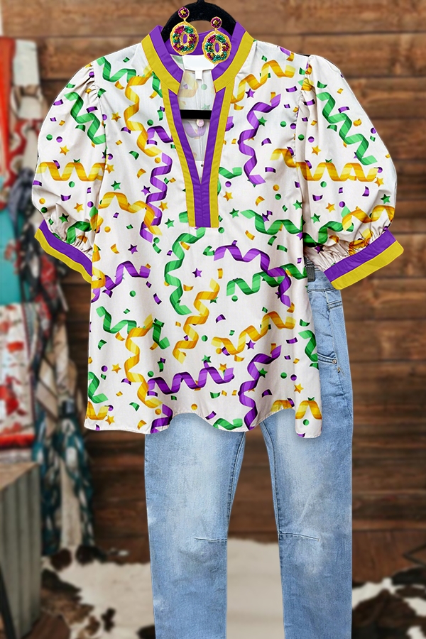 Mardi Gras Happy Celebration Fireworks Puff-Sleeve Blouse