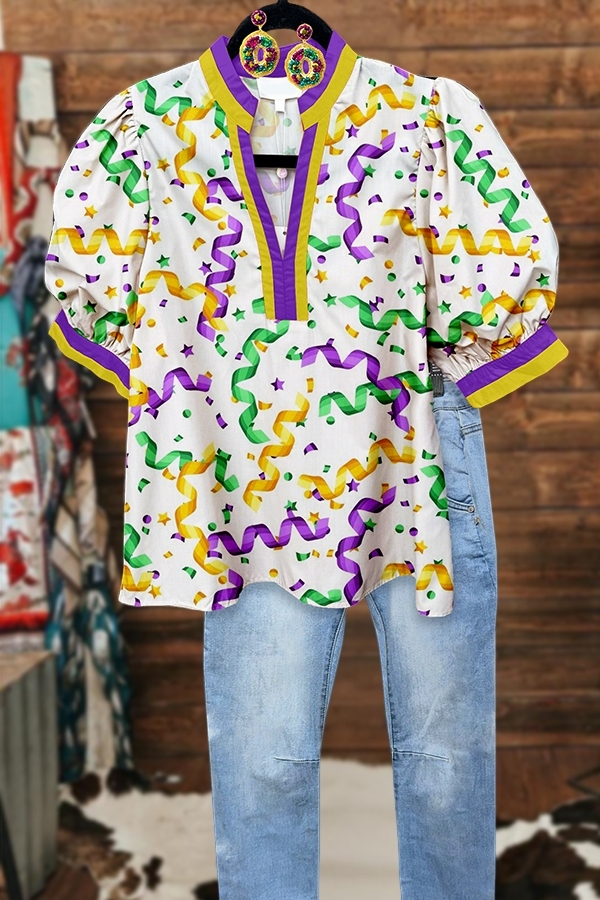 Mardi Gras Happy Celebration Fireworks Puff-Sleeve Blouse