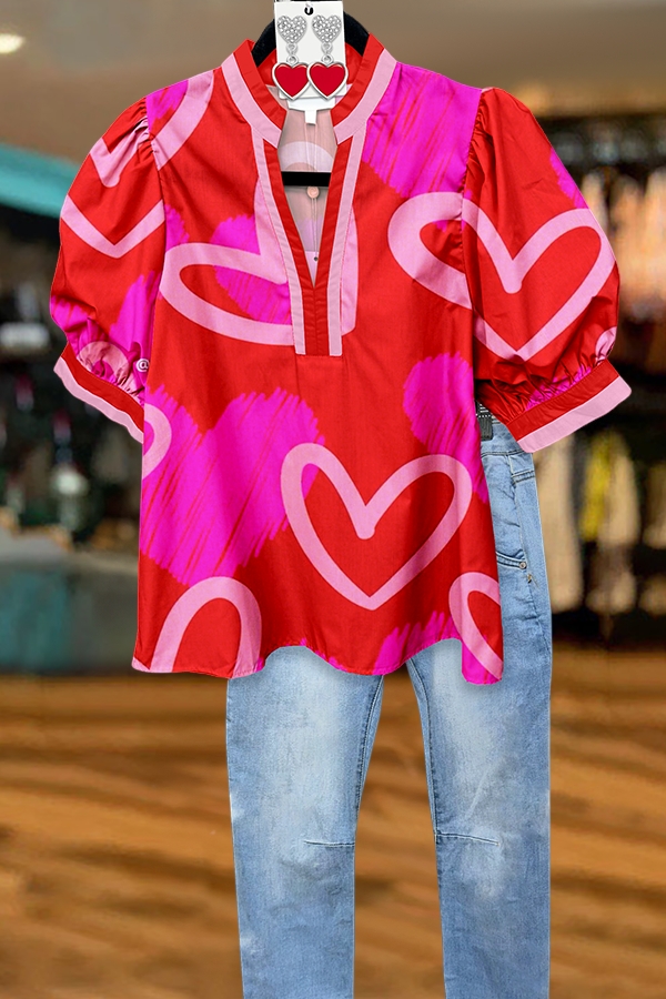 Valentine's Day Sweet Passionate Heart Puff Sleeve Blouse