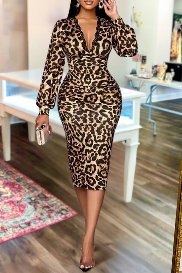 Deep V-Neck Lace-Paneled Leopard Print Midi Dress
