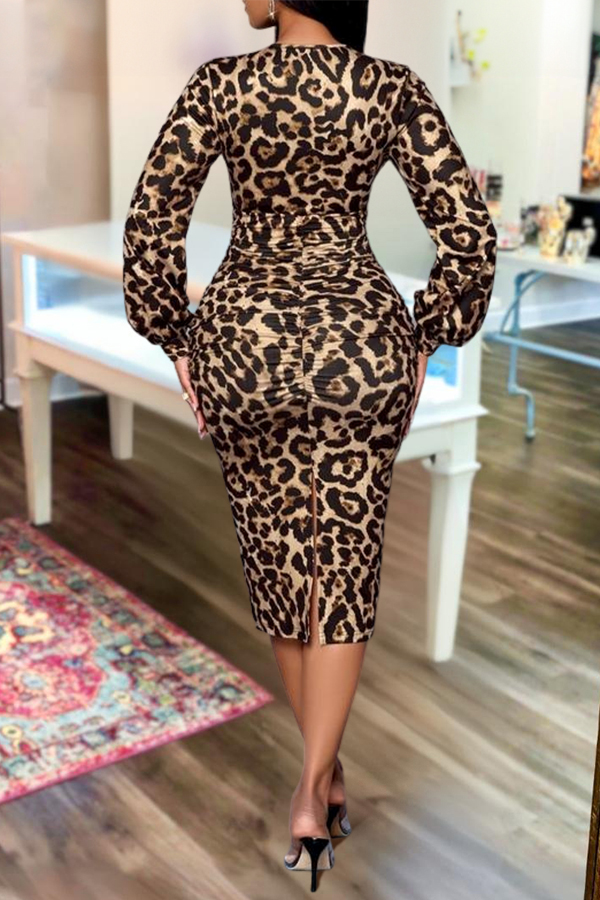 Deep V-Neck Lace-Paneled Leopard Print Midi Dress