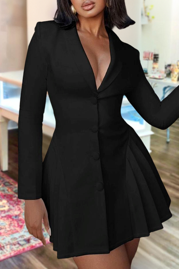 Solid Deep V Neck Pleated A Line Dress