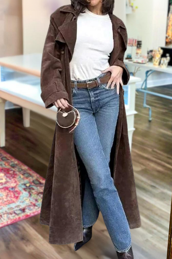 Faux Suede Long Trench Coat