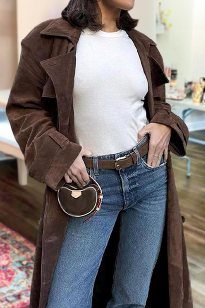 Faux Suede Long Trench Coat