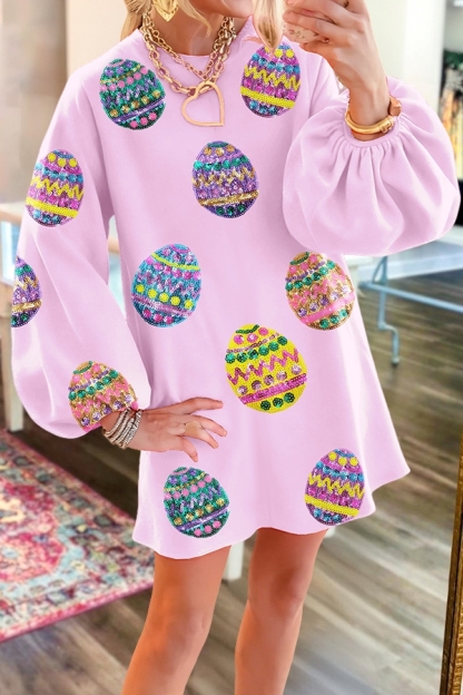 Easter Sparkly Egg Print Puff-Sleeved Dress