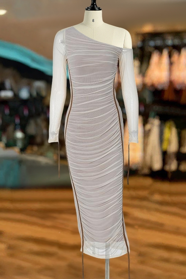 Striped Ruched Asymmetrical Neck Bodycon Dress