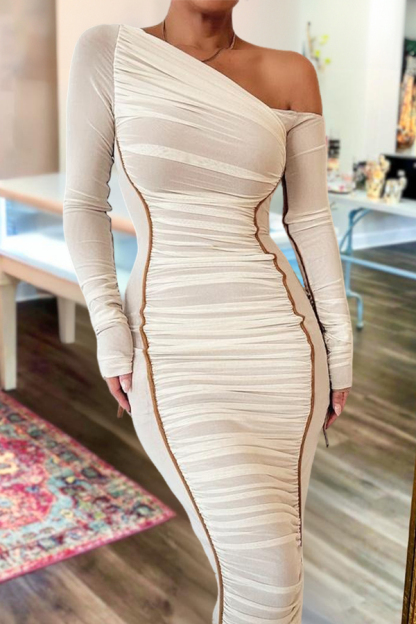 Striped Ruched Asymmetrical Neck Bodycon Dress