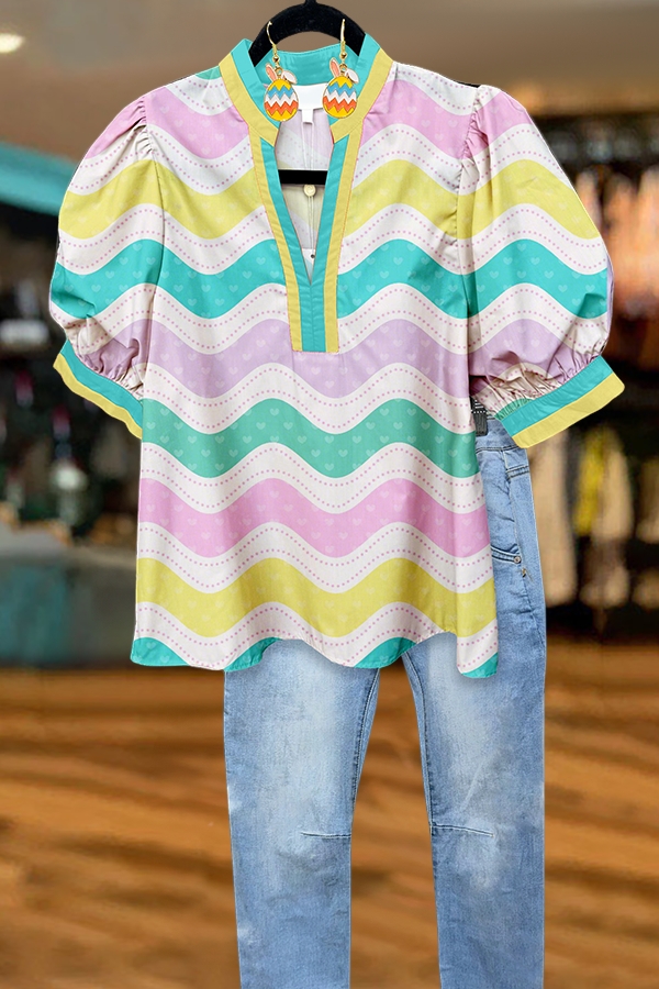 Easter Egg Print Puff-Sleeved Blouse