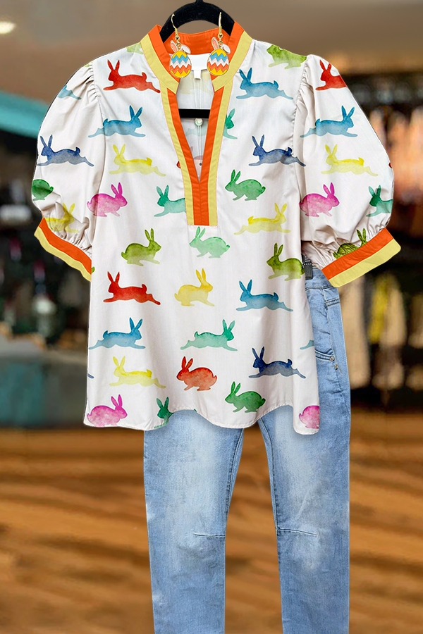 Easter Colorful Bunny Puff-Sleeved Blouse