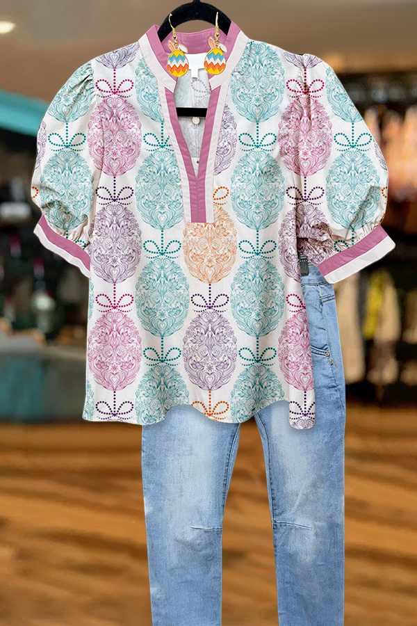 Easter Egg Bow Print Puff-Sleeved Blouse