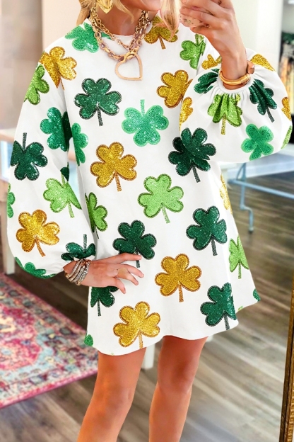 St. Patrick's Day Sparkling Clover Puff-Sleeved Dress