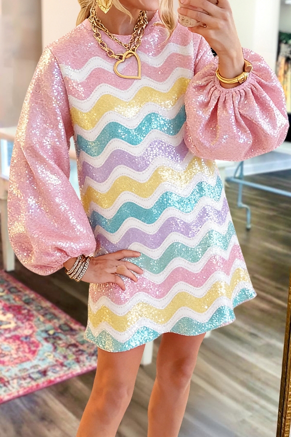 Easter Egg Striped Puff-Sleeved Dress