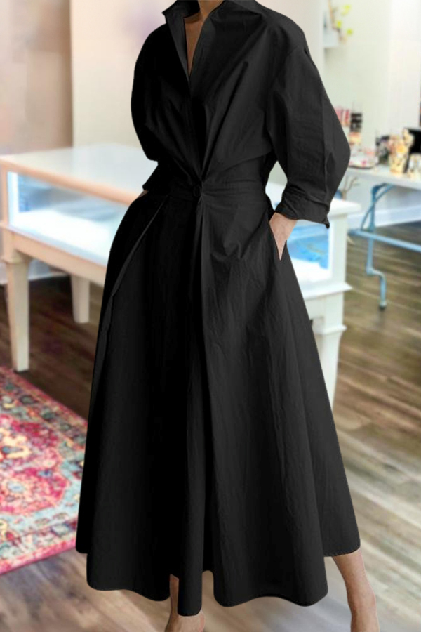 Solid Color Lapel Midi Dress