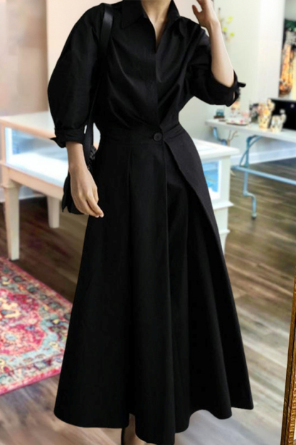 Solid Color Lapel Midi Dress