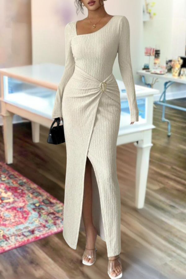 Women's dress | Asymmetrical-Neck Solid Color Twisted Long Dress |mywesternoutfit