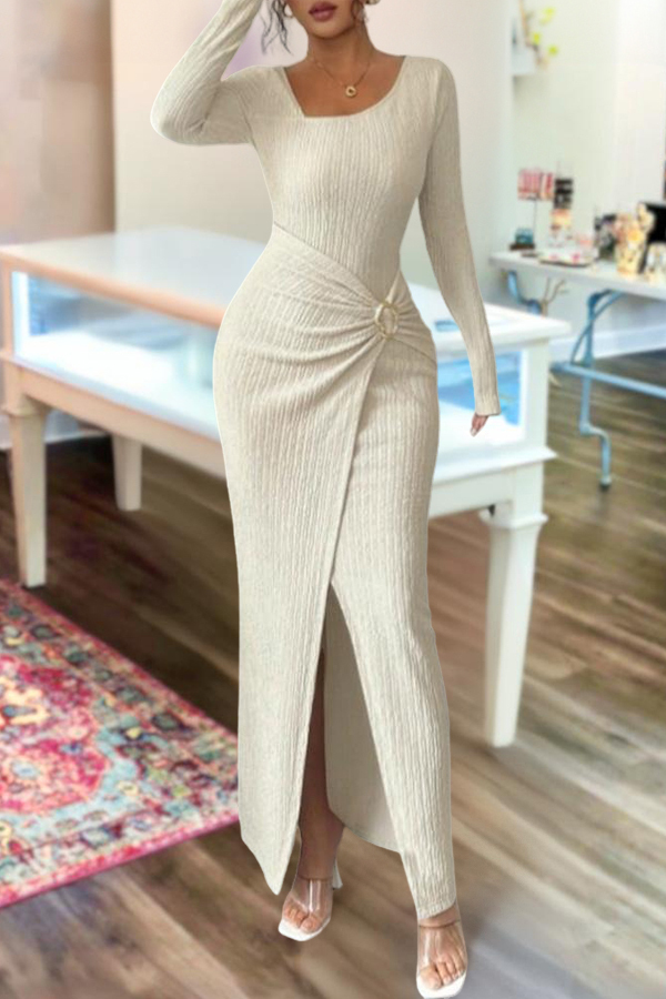 Asymmetrical-Neck Solid Color Twisted Long Dress