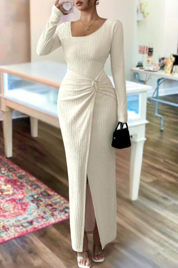 Asymmetrical-Neck Solid Color Twisted Long Dress