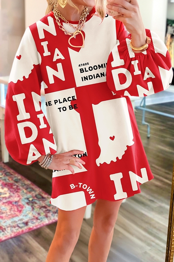 Red Puff-Sleeved Sweatshirt Dress