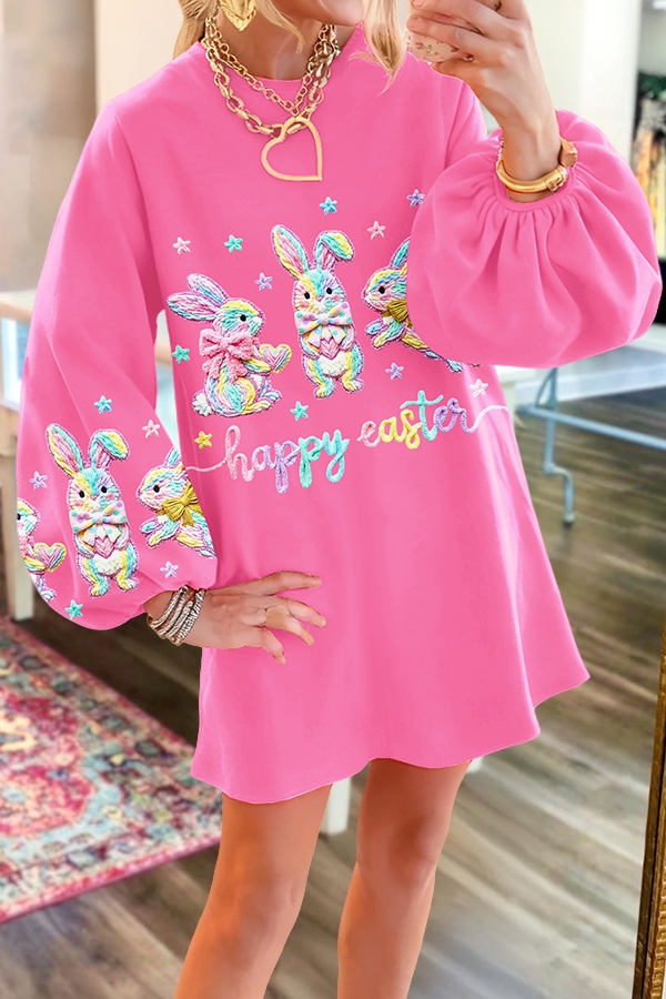 Happy Easter Bunny Puff-Sleeve Dress