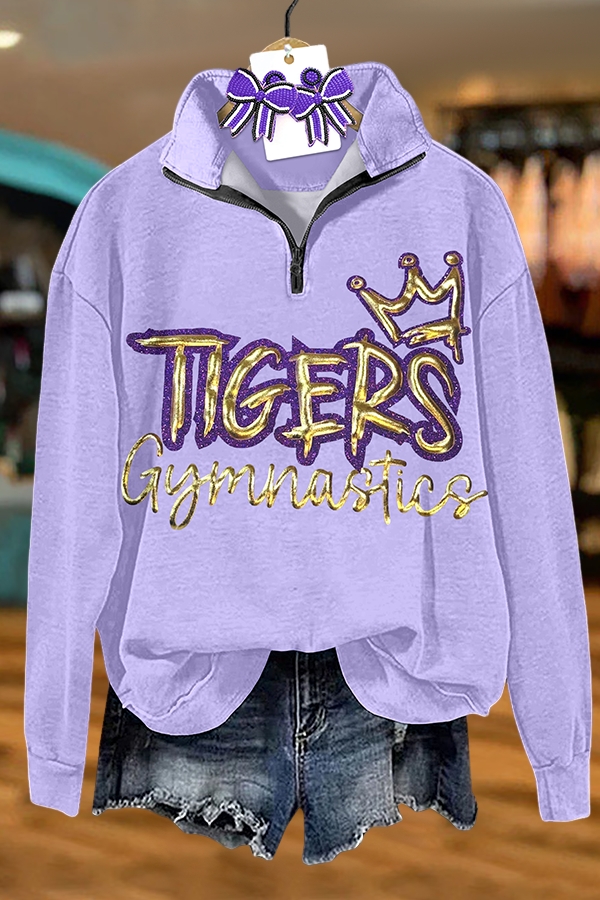 Purple And Gold Tiger Print Zip-Up Sweatshirt
