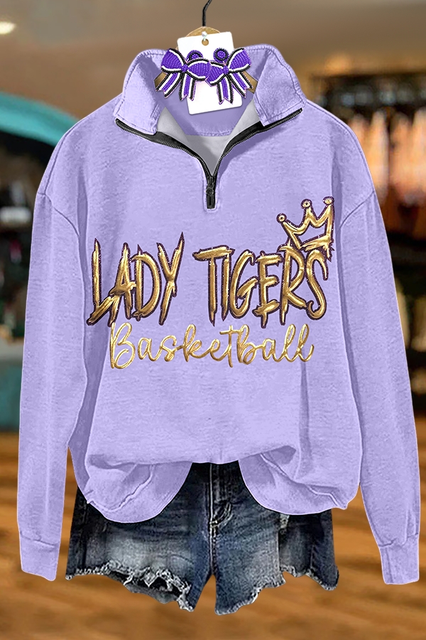 Purple And Gold Lady Tigers Basketball Zip-Up Sweatshirt