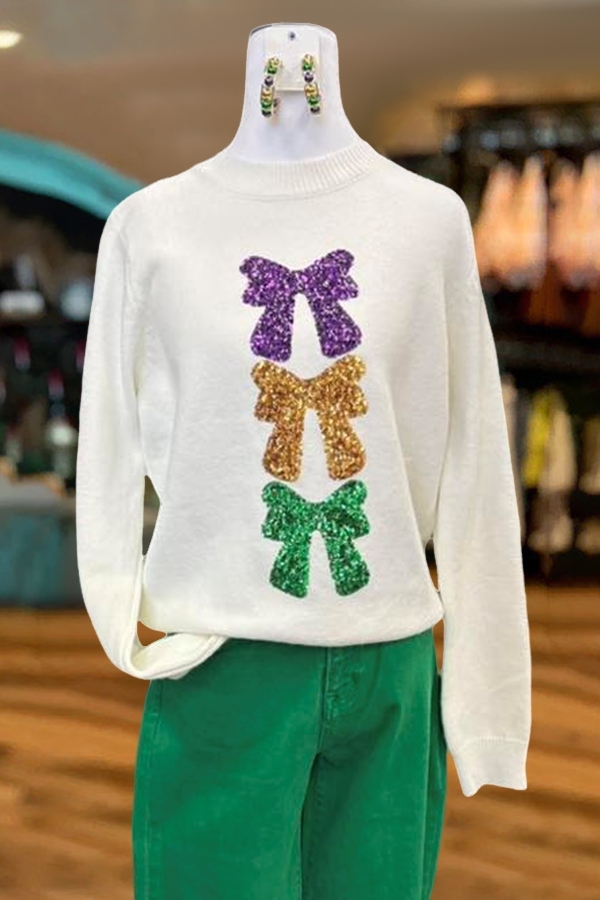 Mardi Gras Sparkly Bow Sweater