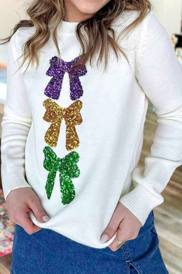 Mardi Gras Sparkly Bow Sweater