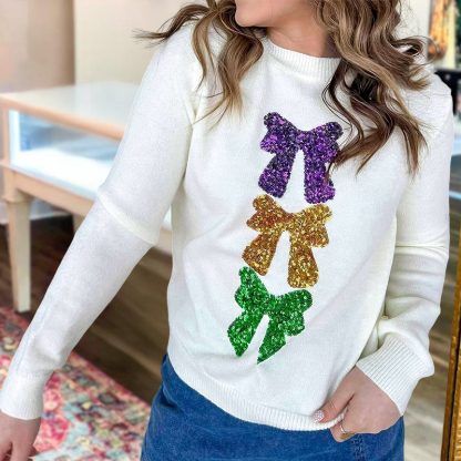 Mardi Gras Sparkly Bow Sweater
