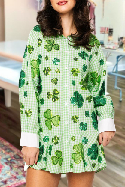 St. Patrick's Day Plaid Clover Ruffle Shirt Dress