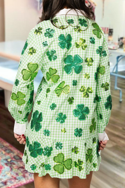 St. Patrick's Day Plaid Clover Ruffle Shirt Dress