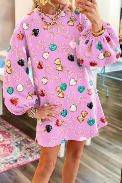 Multi Heart Lockets Puff Sleeve Sweatshirt Dress