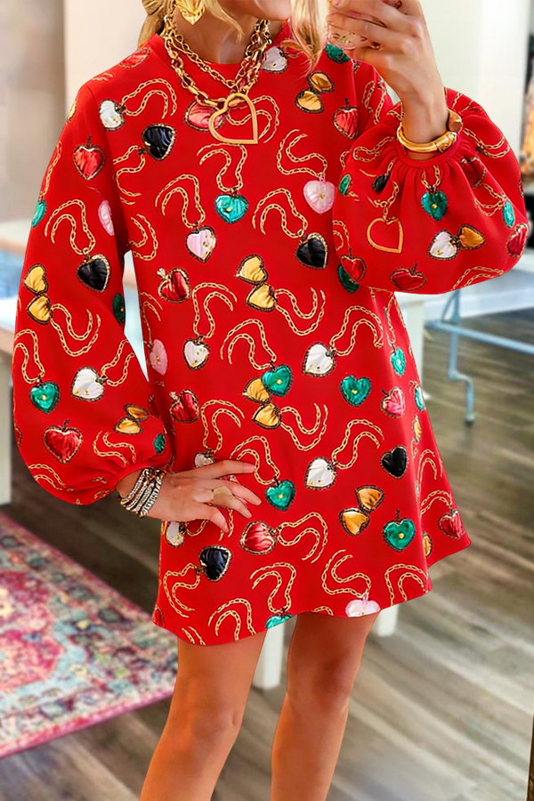Multi Heart Lockets Puff Sleeve Sweatshirt Dress