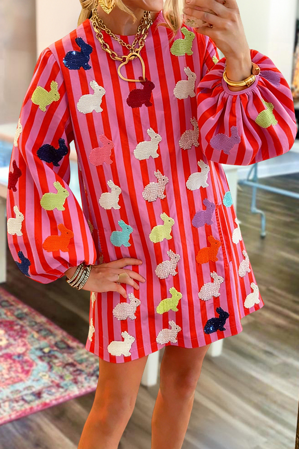 Easter Striped Multi Rabbit Puff-Sleeved Dress