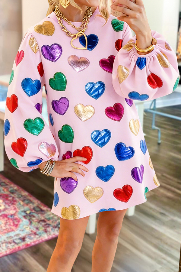 Valentine's Day Multi Heart Print Puff-Sleeved Dress