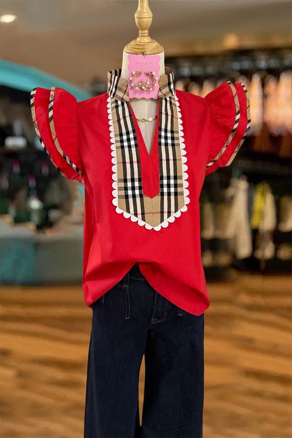 Checked Pattern Patchwork Flying Sleeved Shirt