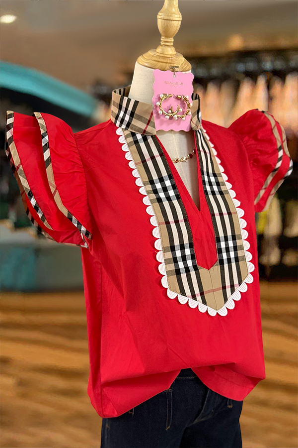 Checked Pattern Patchwork Flying Sleeved Shirt