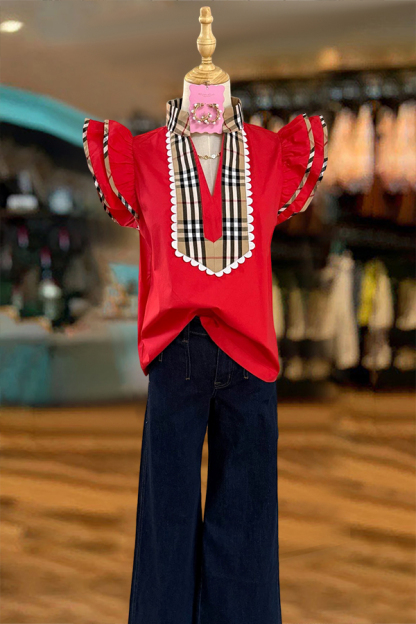 Checked Pattern Patchwork Flying Sleeved Shirt