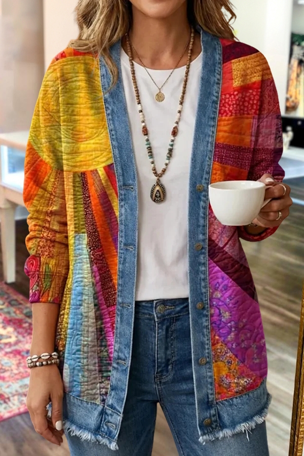 Vintage Sun Patchwork Art Print Coat