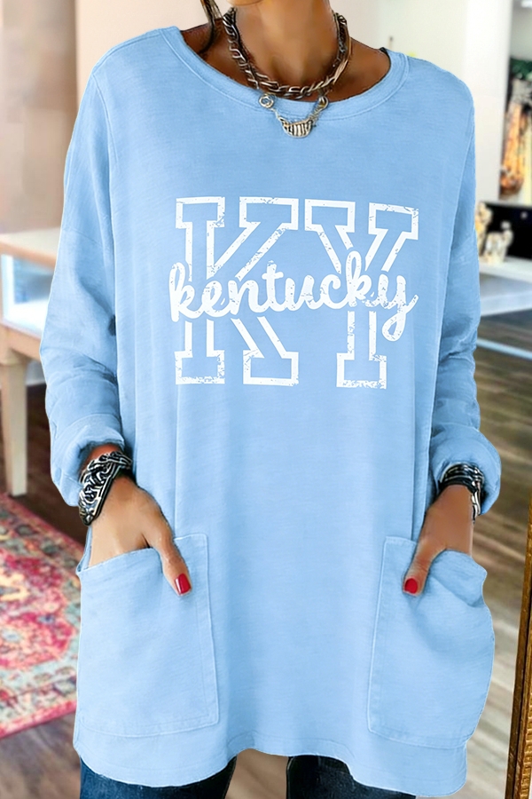 Blue Cat Print Pocket Cotton T-Shirt