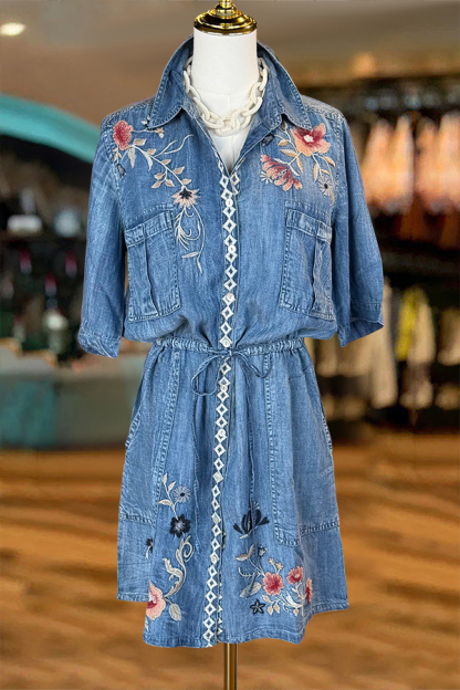 Floral Embroidered Drawstring Denim Mini Dress