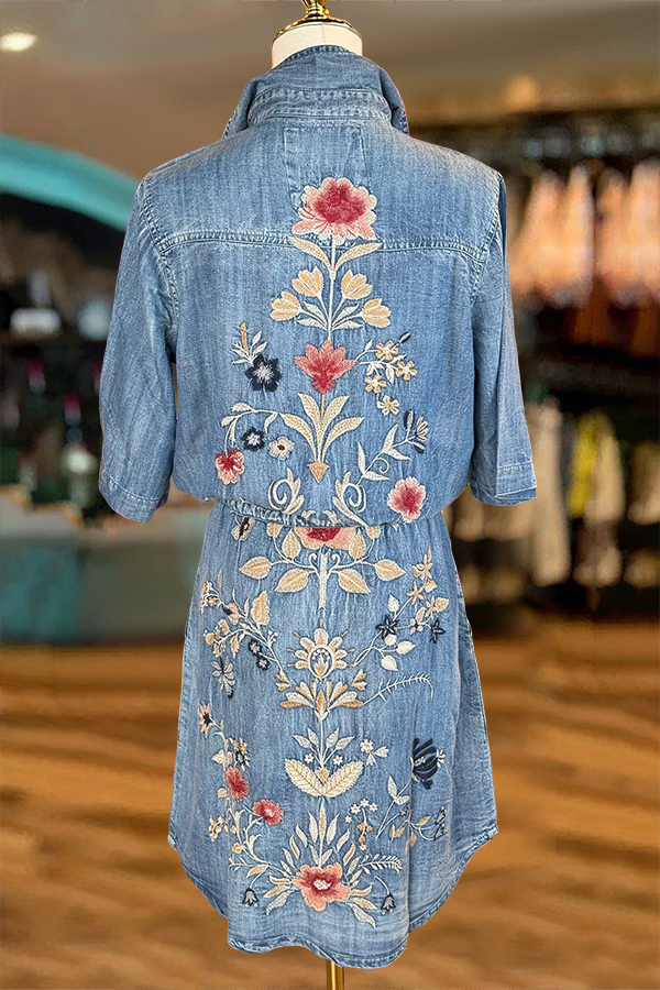 Floral Embroidered Drawstring Denim Mini Dress