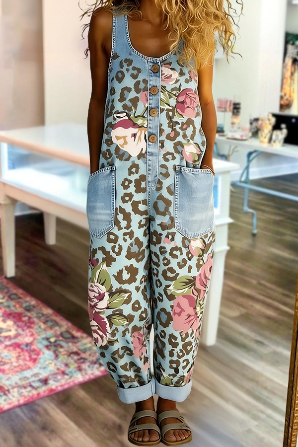 Leopard Print Floral Sleeveless Overalls