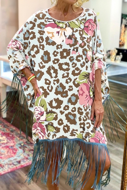 Leopard Print Floral Tassel Midi Dress