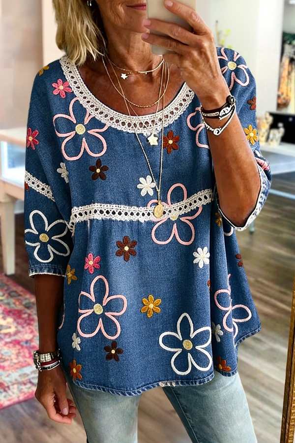 Lace Floral Denim Top