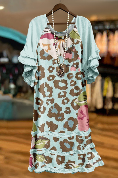 Leopard Print Floral Print Ruffled Raglan Midi Dress