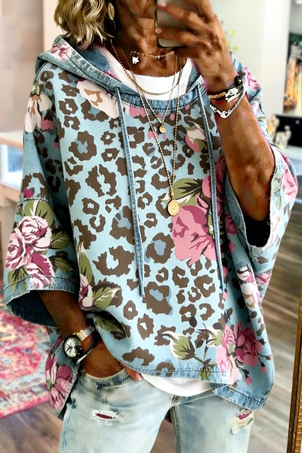 Retro Leopard Print Floral Hooded Top
